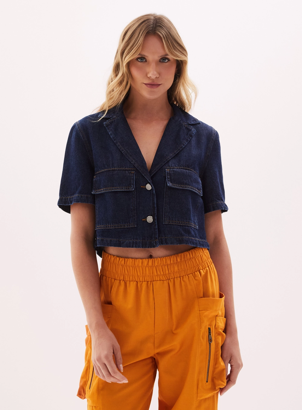 Camisa Cropped Feminina Jeans Decote V Índigo 1