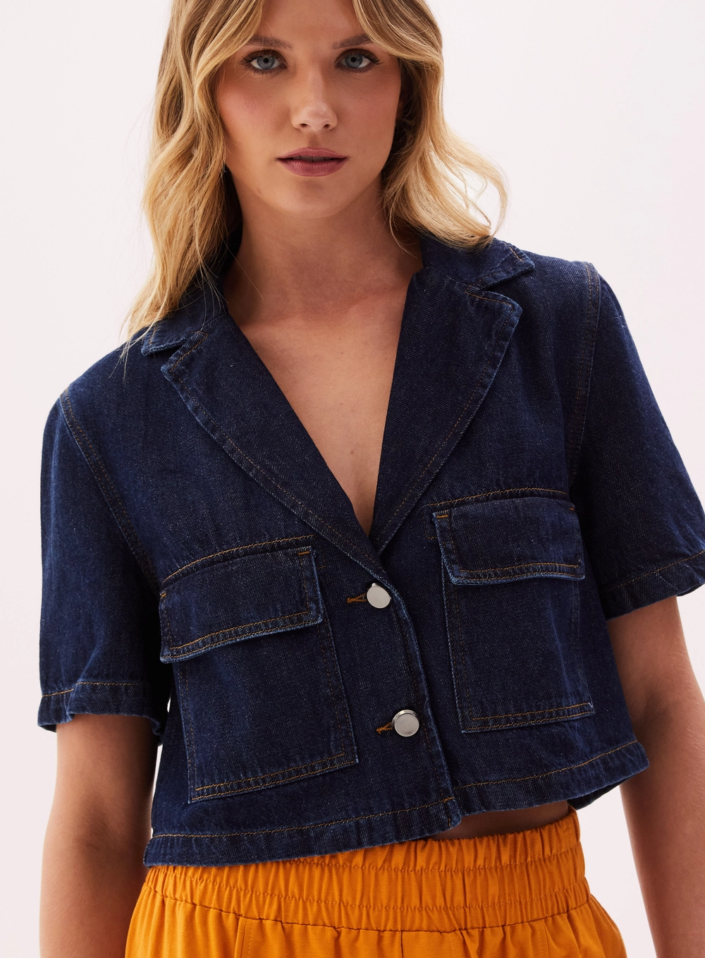 Camisa Cropped Feminina Jeans Decote V Índigo 3