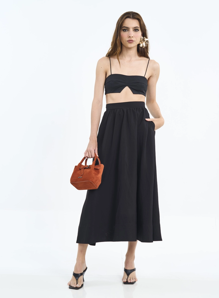 Saia Midi Com Bolsos E Franzidos