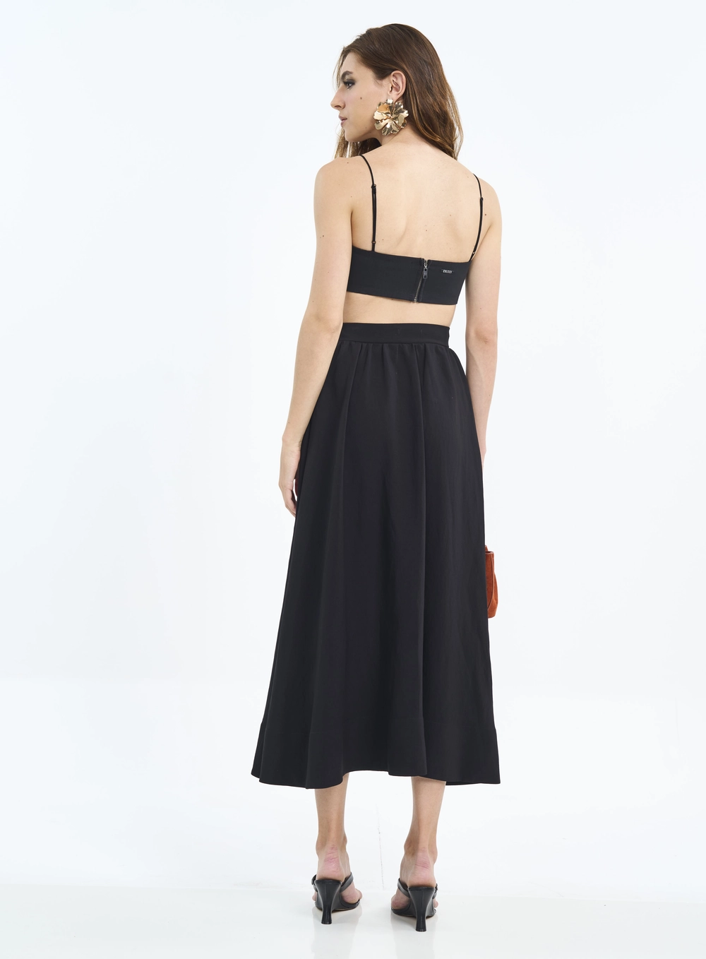 Saia Midi Com Bolsos E Franzidos Preto