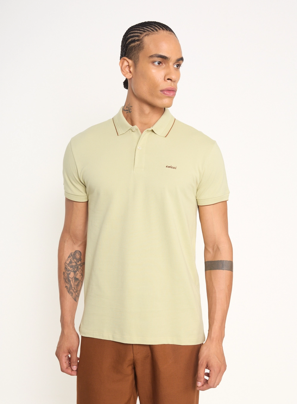 Polo Masculina Com Frisos Contrastantes Bege