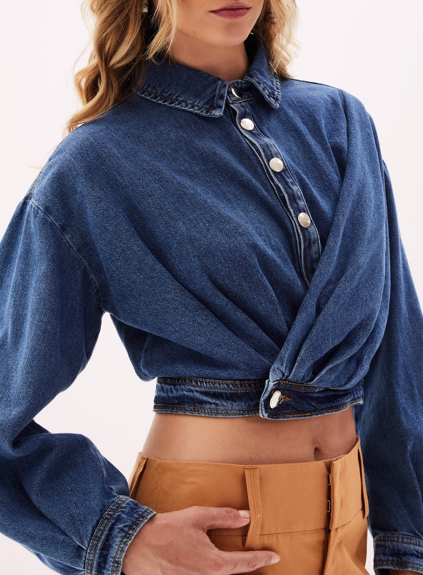 Jaqueta Jeans Cropped Feminina Com Botões Índigo 3