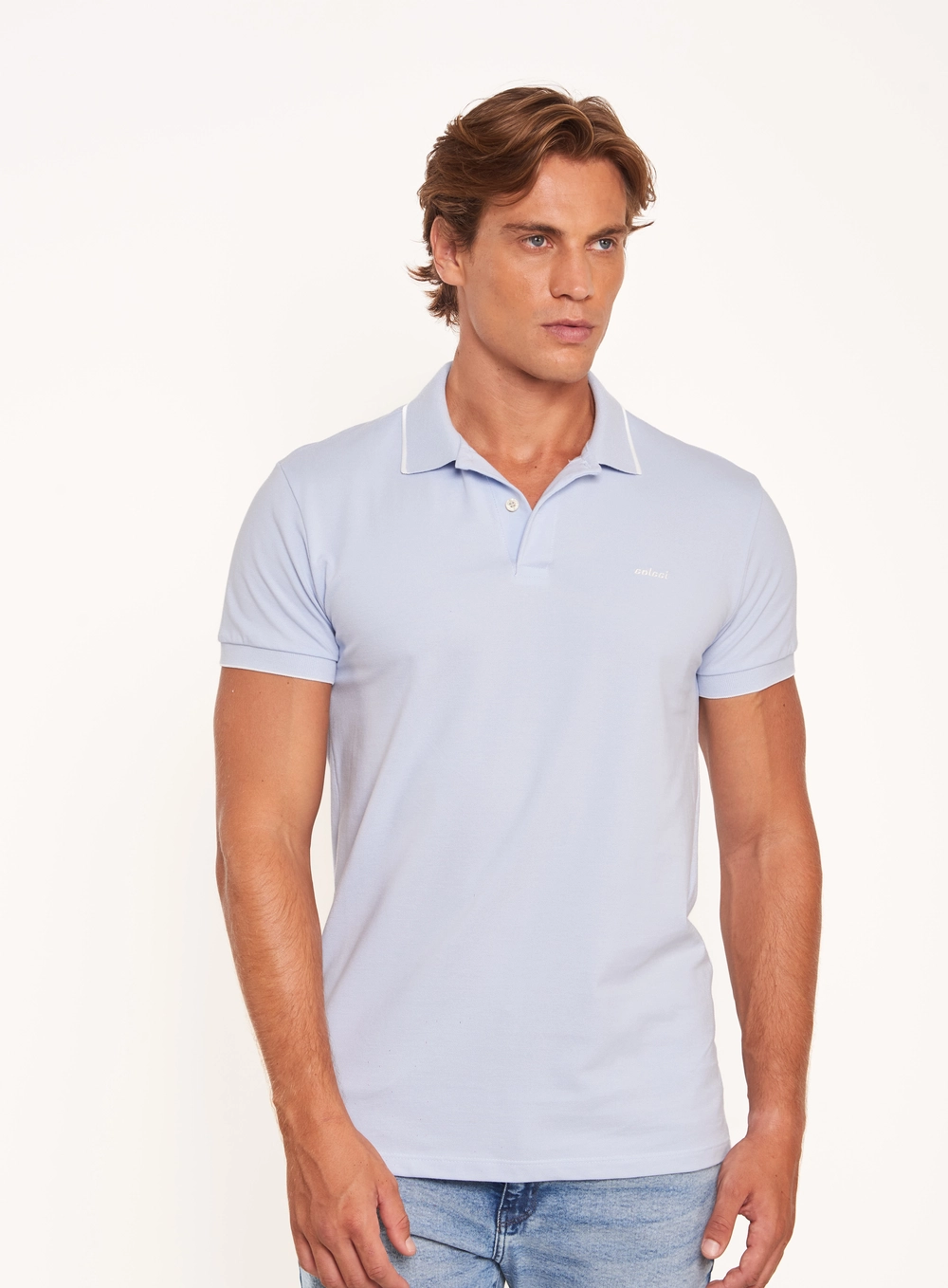Polo Masculina Com Frisos Contrastantes Azul