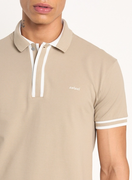 Polo Masculina Com Frisos Contrastantes Bege