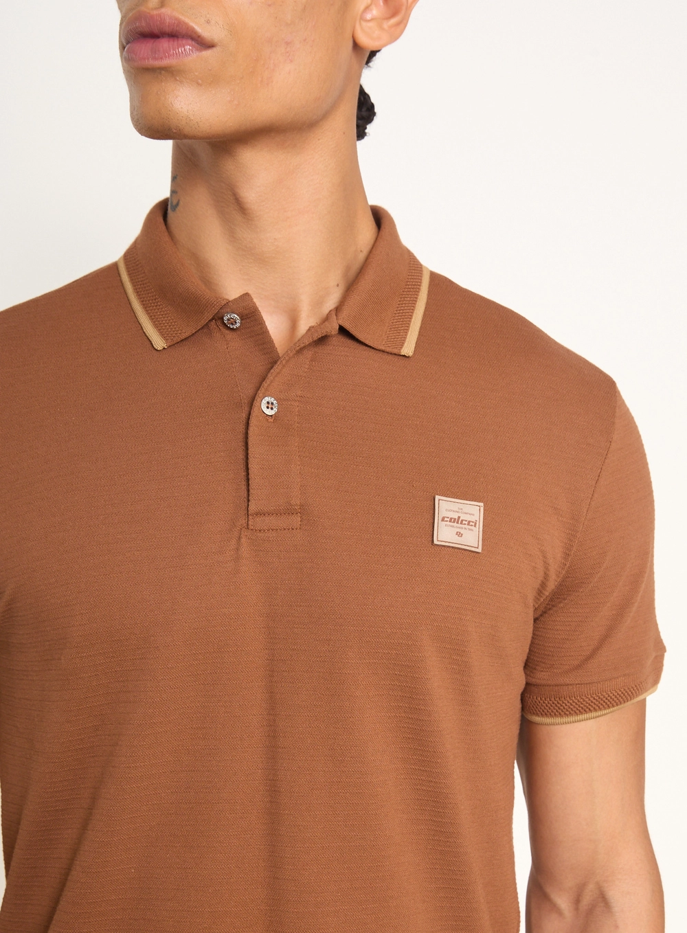 Polo Masculina Com Logo E Frisos Marrom