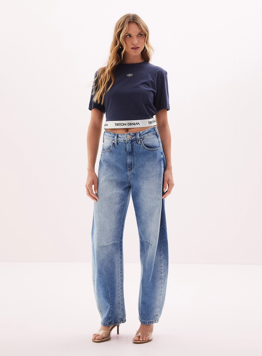 Camiseta Cropped Feminina Com Cós Elástico Azul 4