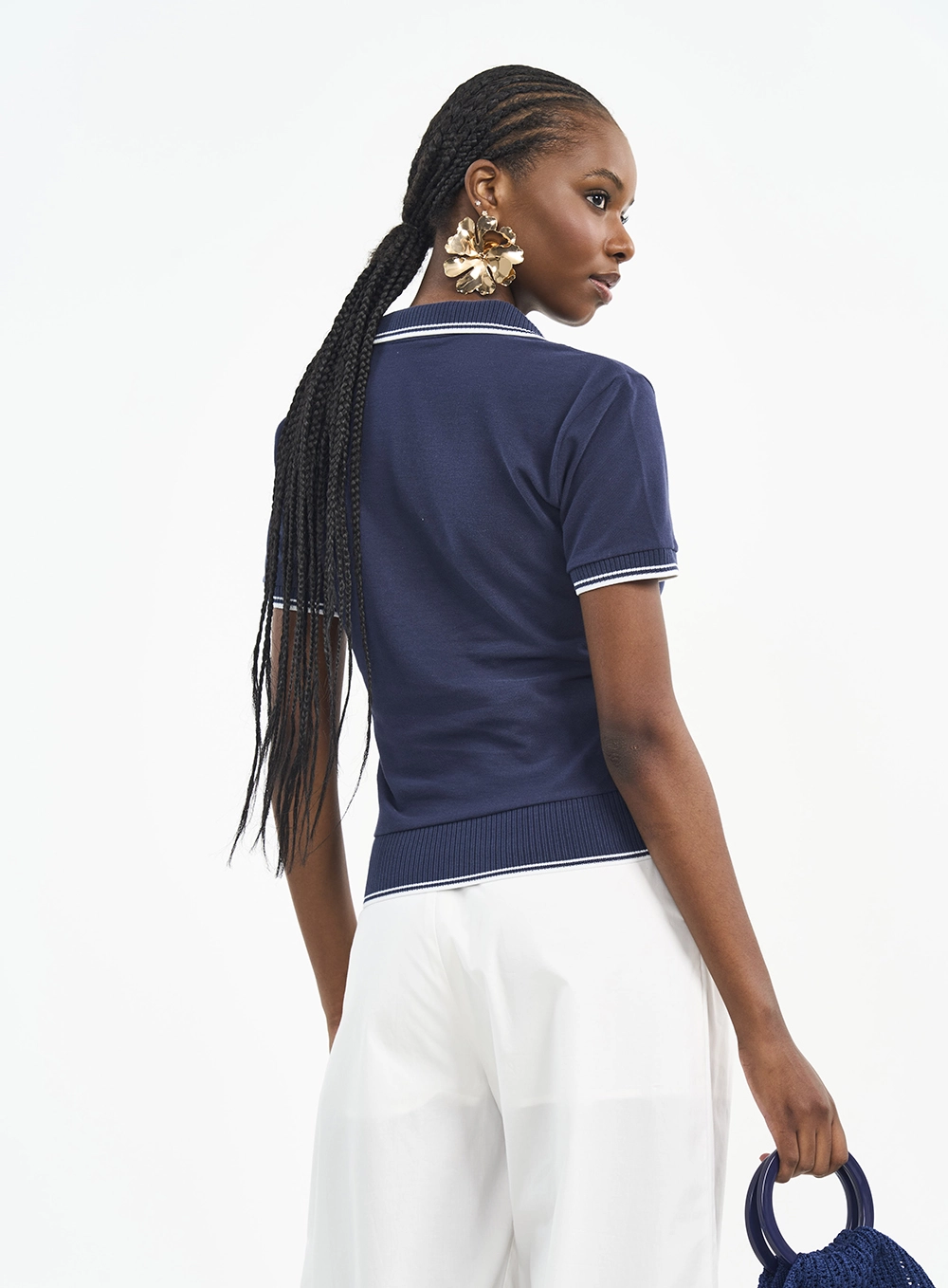 Camisa Feminina Polo Com Frisos Contrastantes Azul