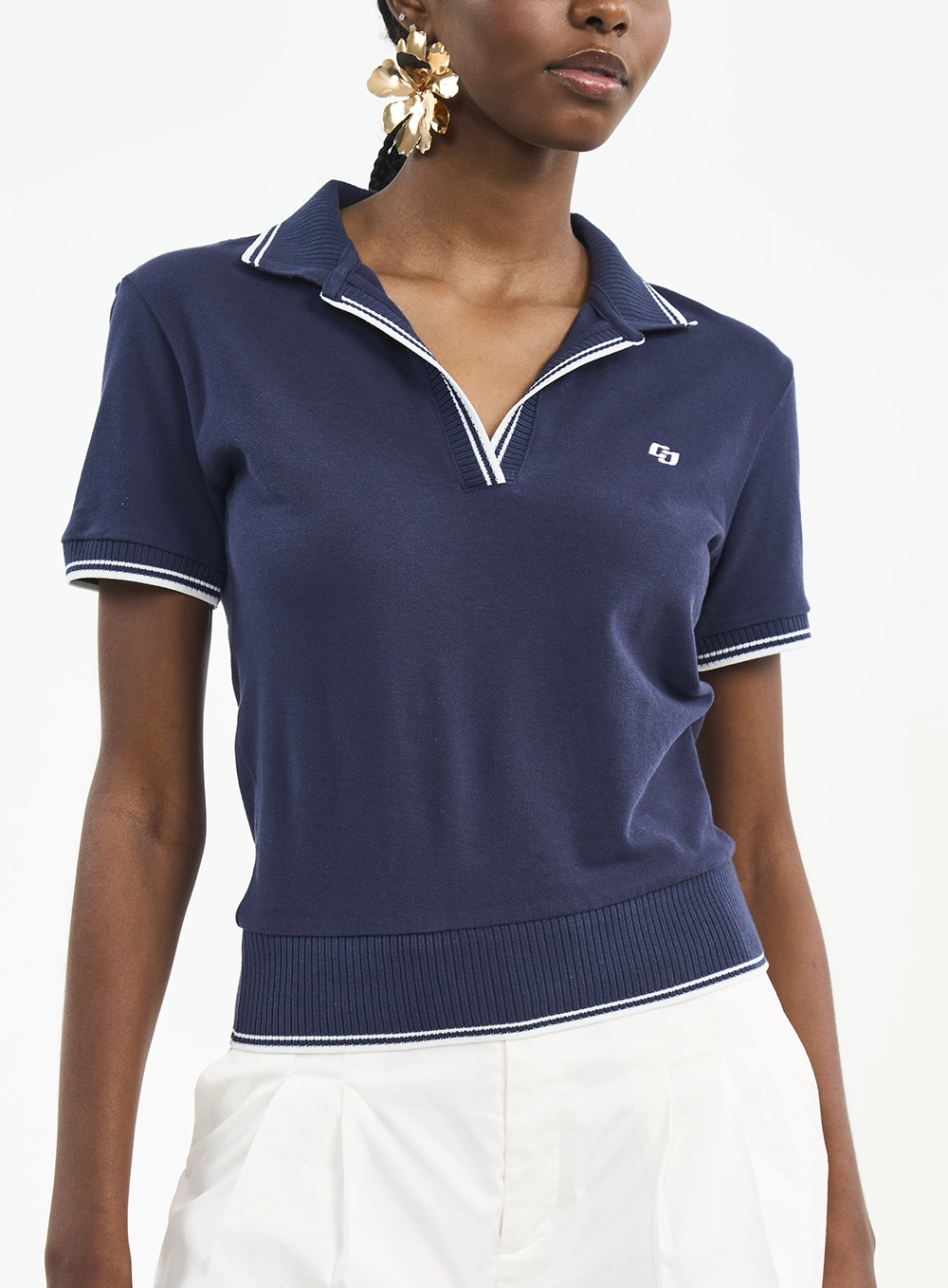 Camisa Feminina Polo Com Frisos Contrastantes Azul