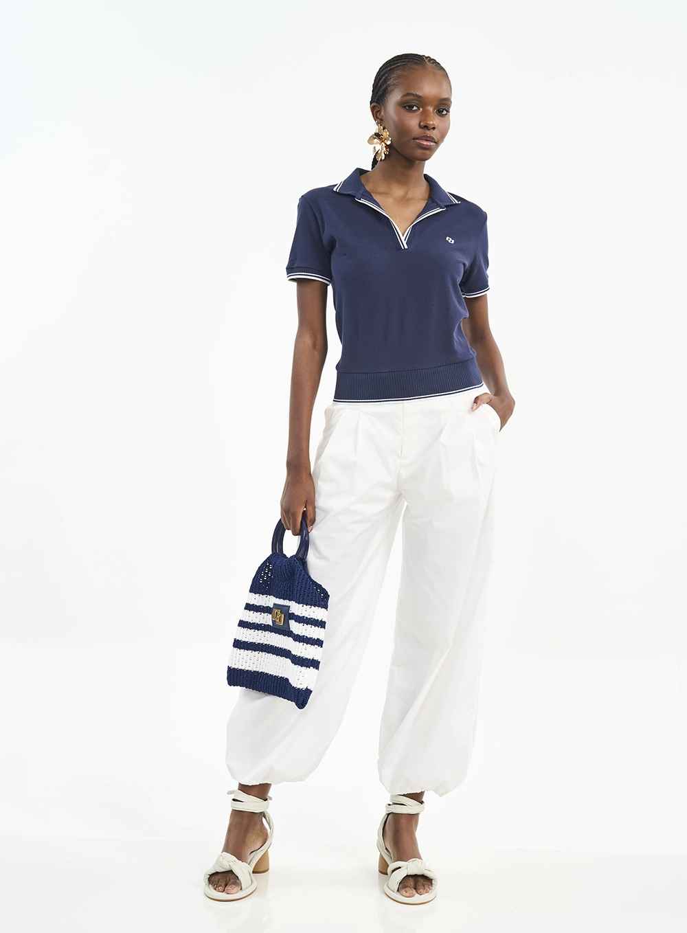 Camisa Feminina Polo Com Frisos Contrastantes Azul