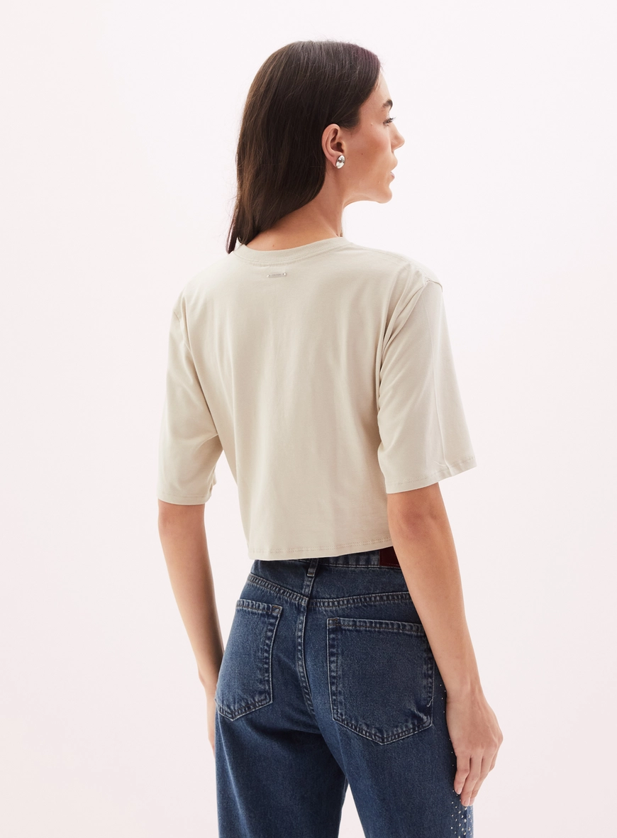Camiseta Cropped Feminina Com Amarração Bege Esquilo 2