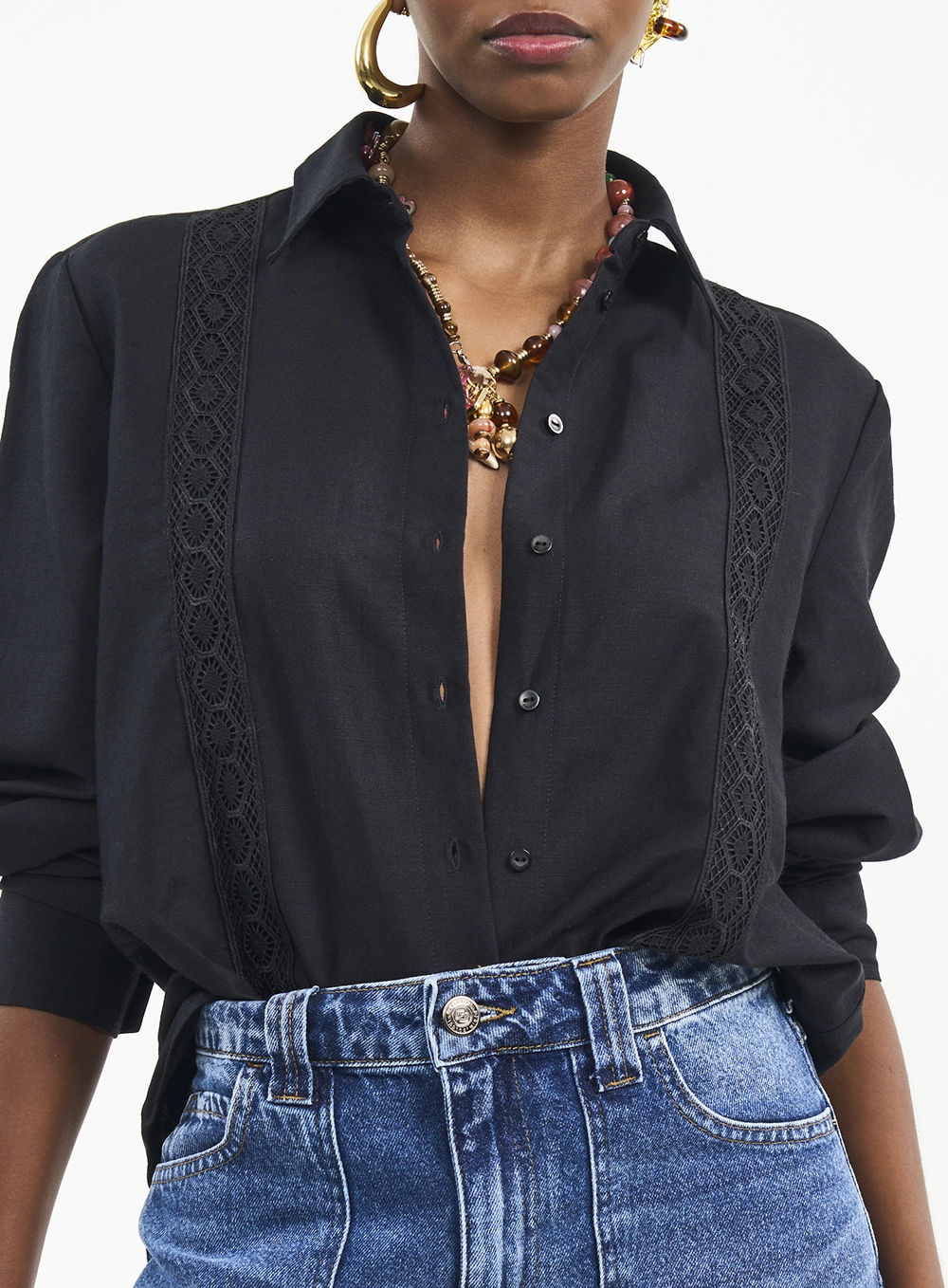 Camisa Com Renda E Botões Preto