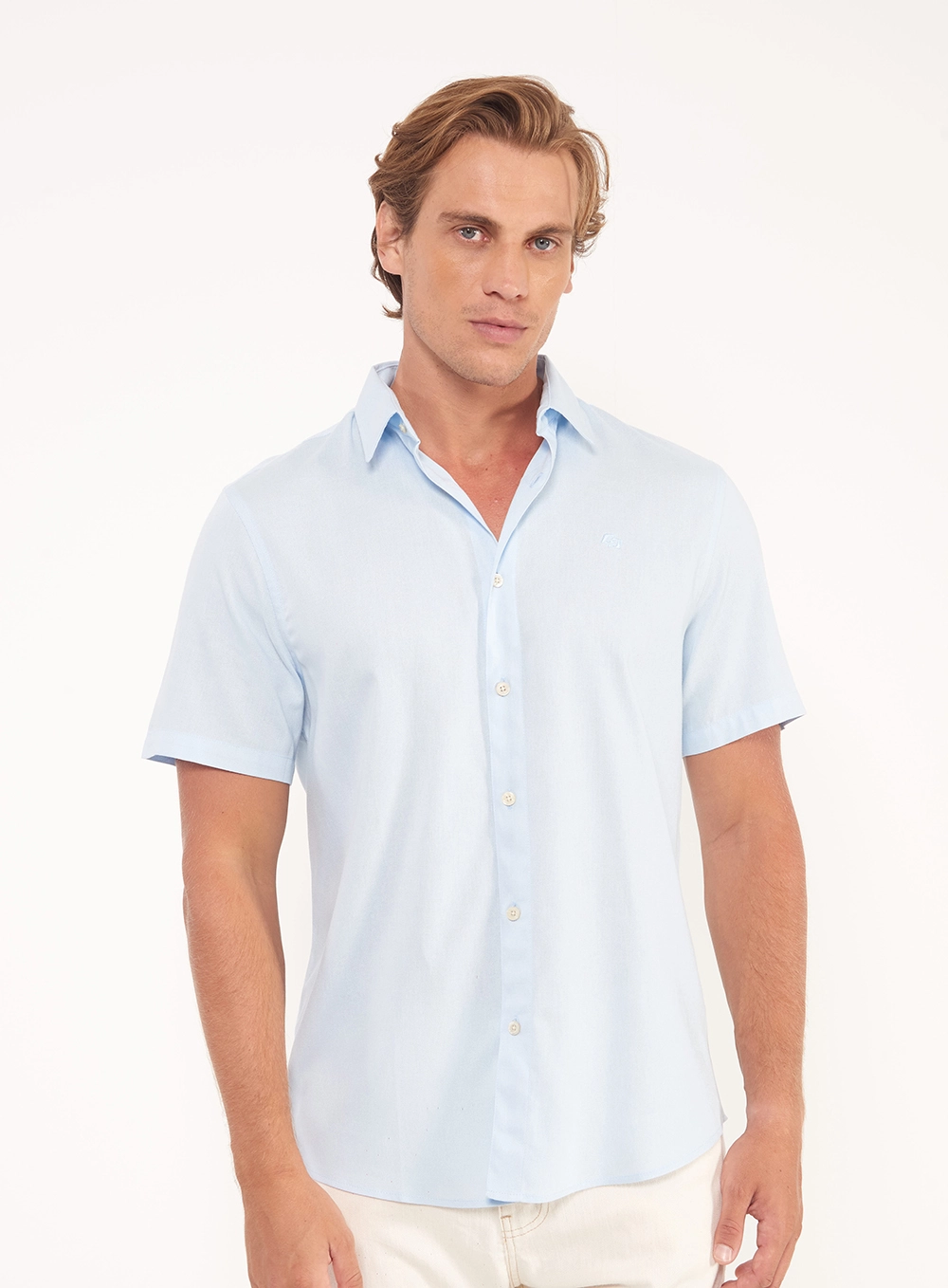 Camisa Masculina Com Botões E Manga Curta Azul
