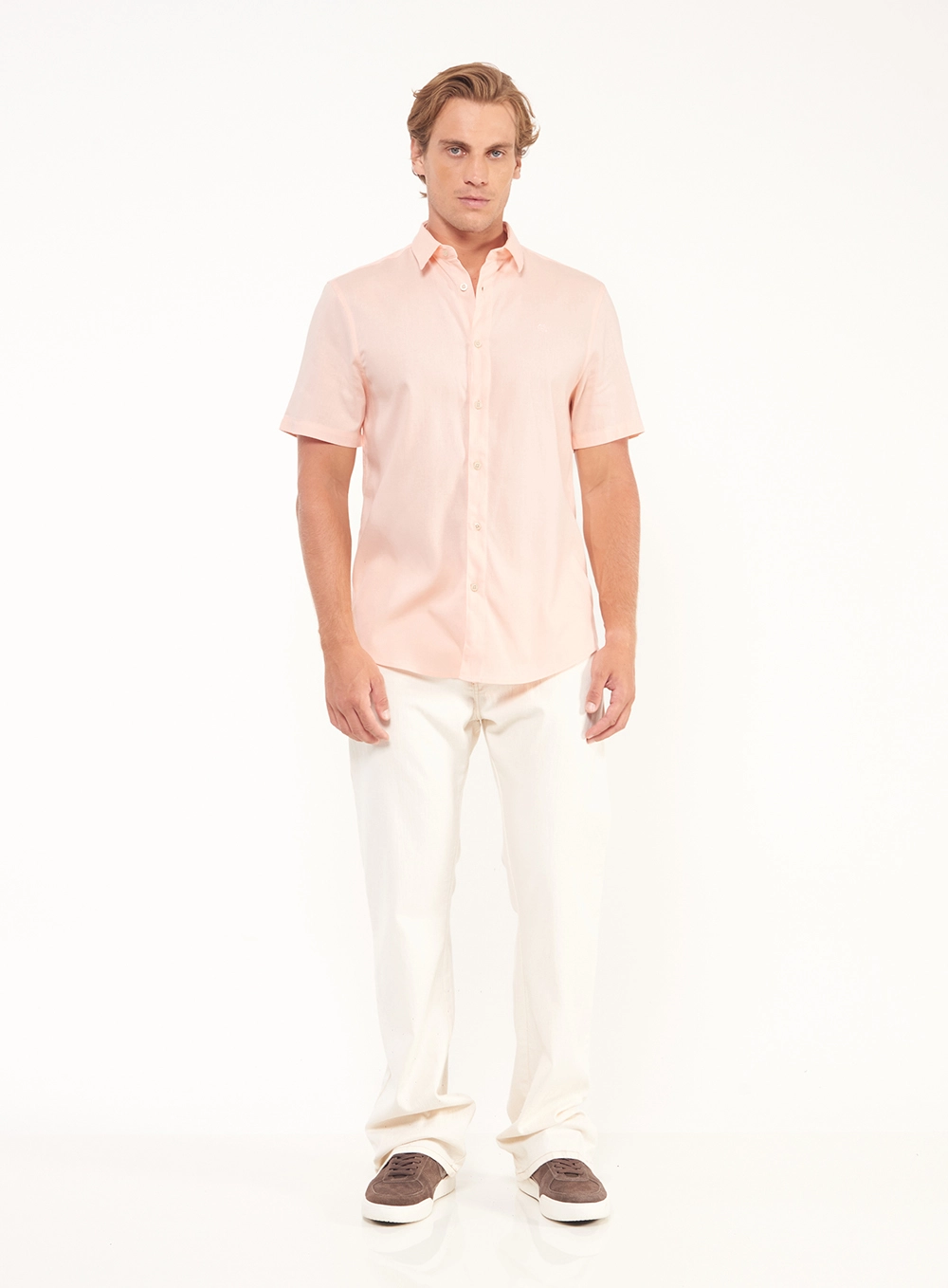 Camisa Masculina Com Botões E Manga Curta Rosa