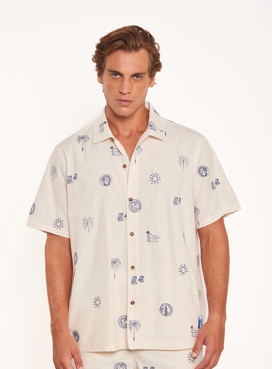 Camisa Masculina Resort Com Bordados E Botões