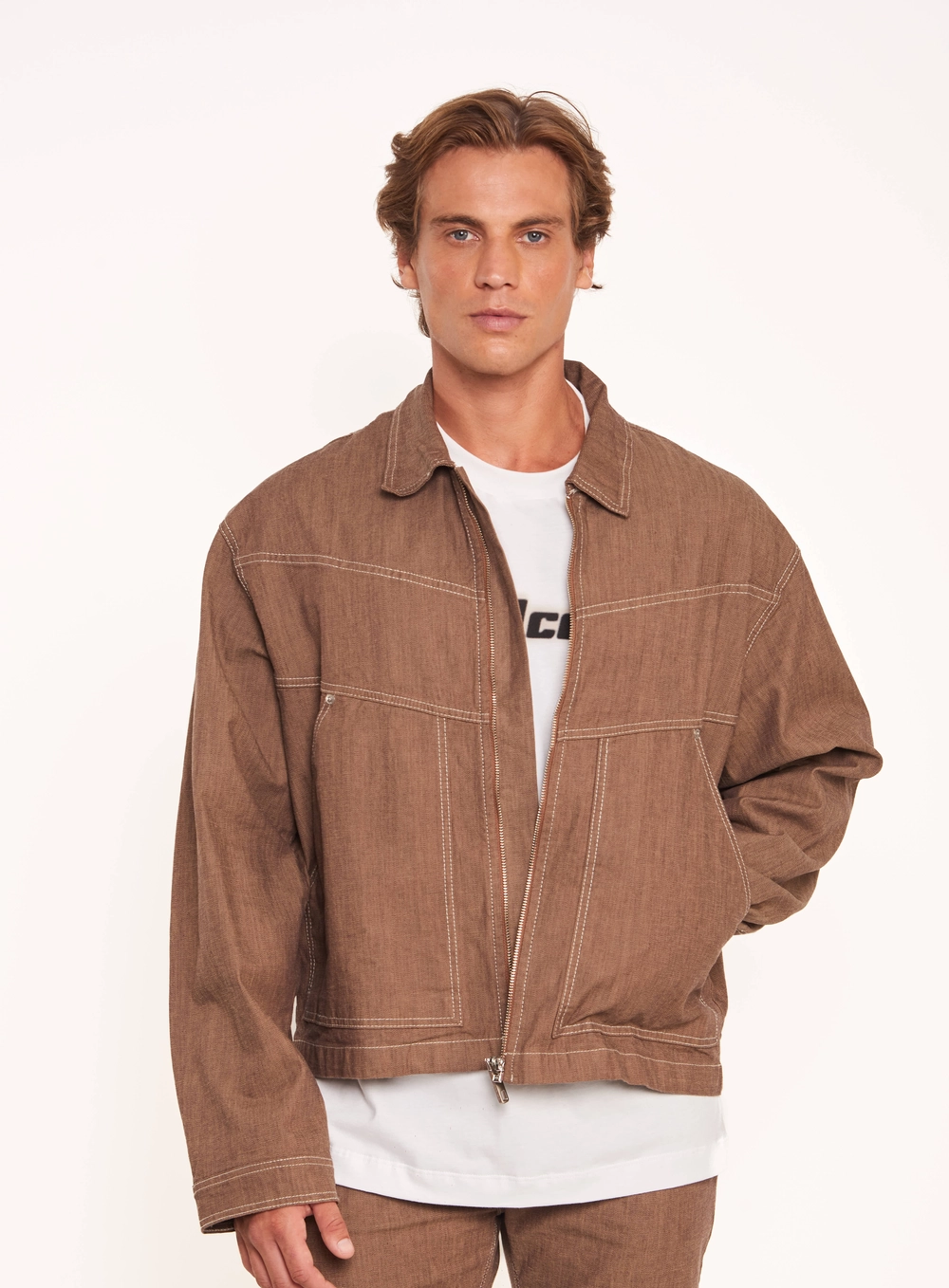 Jaqueta Masculina Com Pespontos E Zíper índigo Marrom
