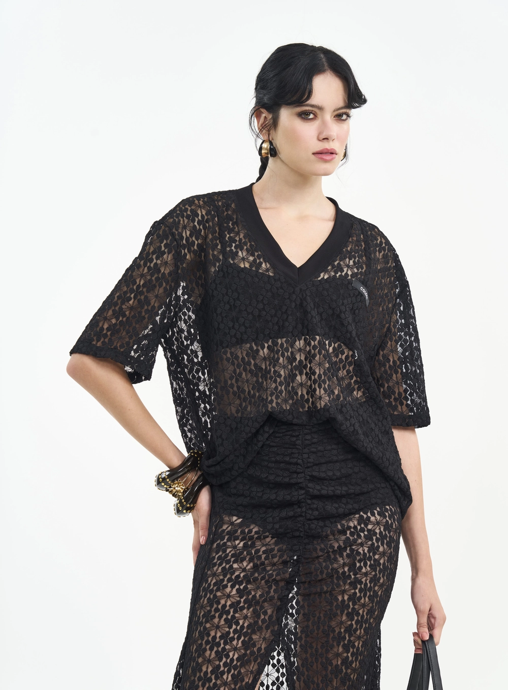 Camiseta Loose De Renda Feminina Preto