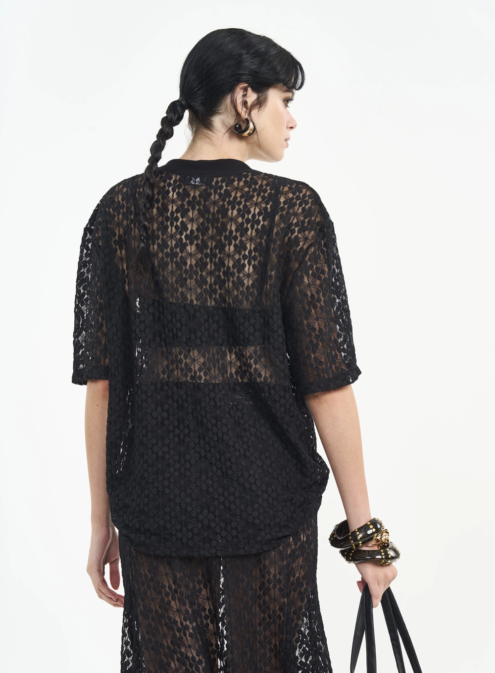 Camiseta Loose De Renda Feminina Preto