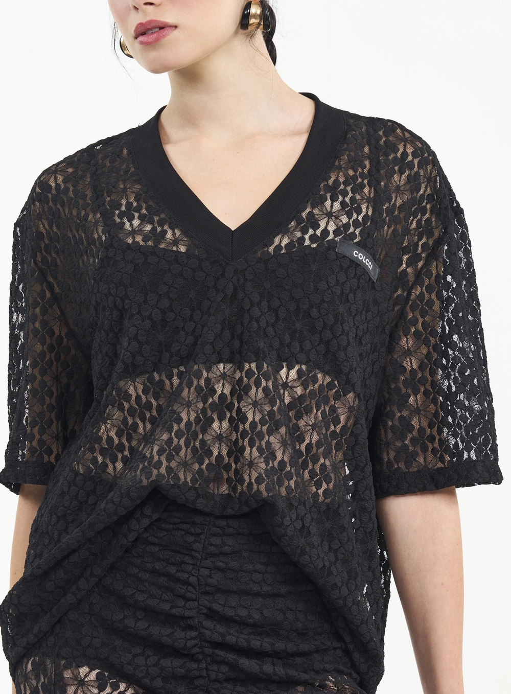 Camiseta Loose De Renda Feminina Preto