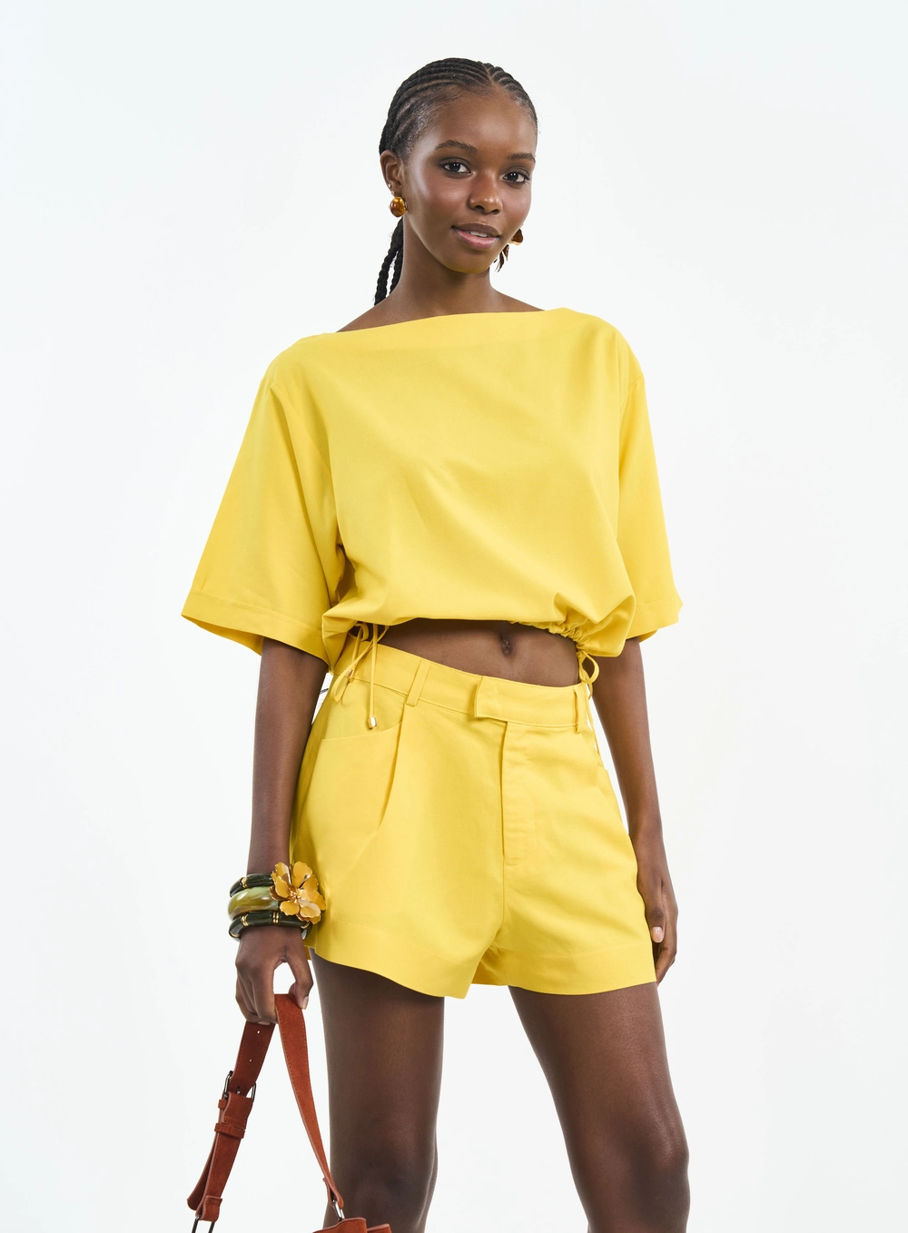 Camiseta Feminina Cropped Com Amarração Amarelo
