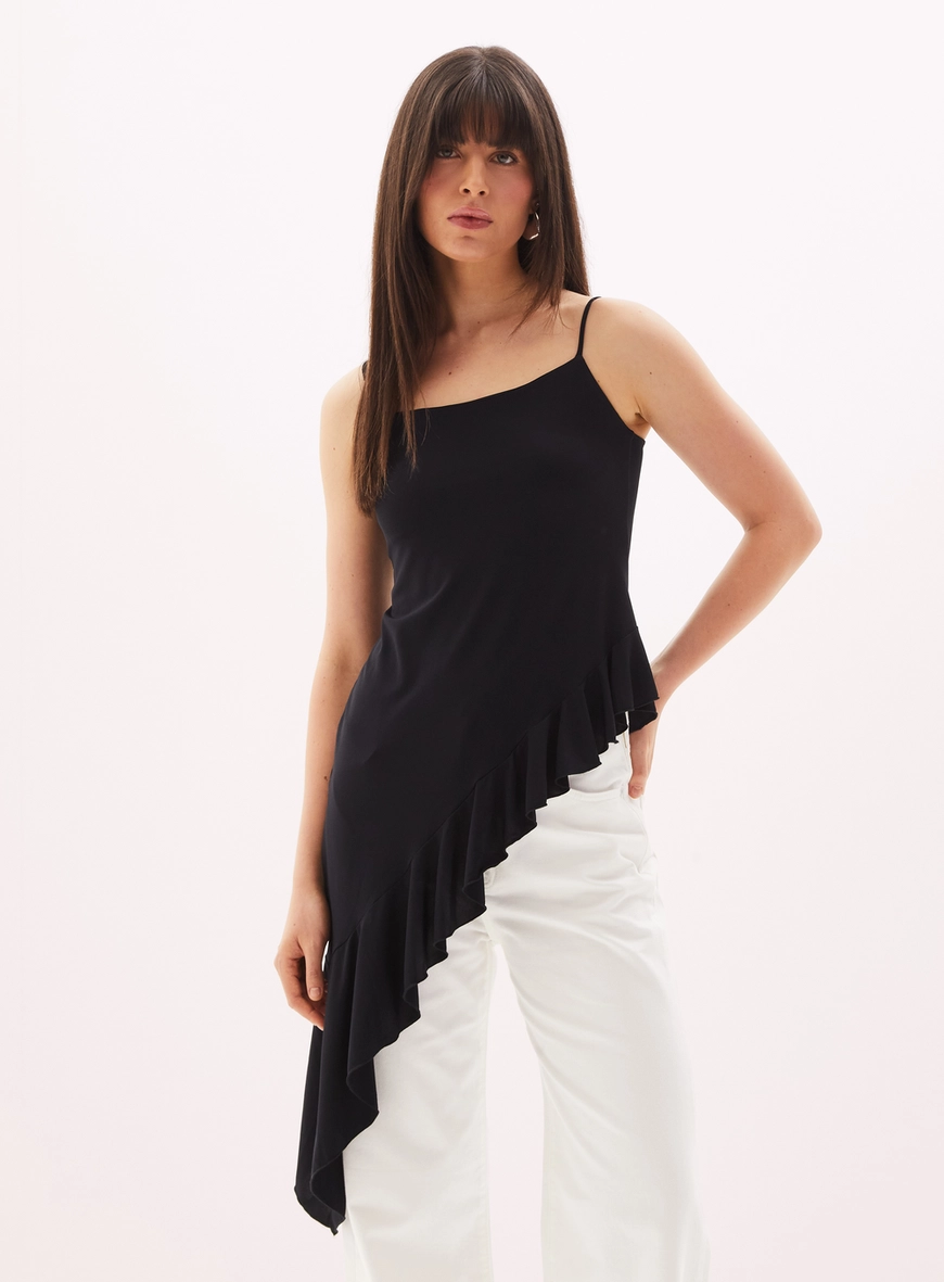 Blusa Feminina Assimétrica Com Babado Preto 2