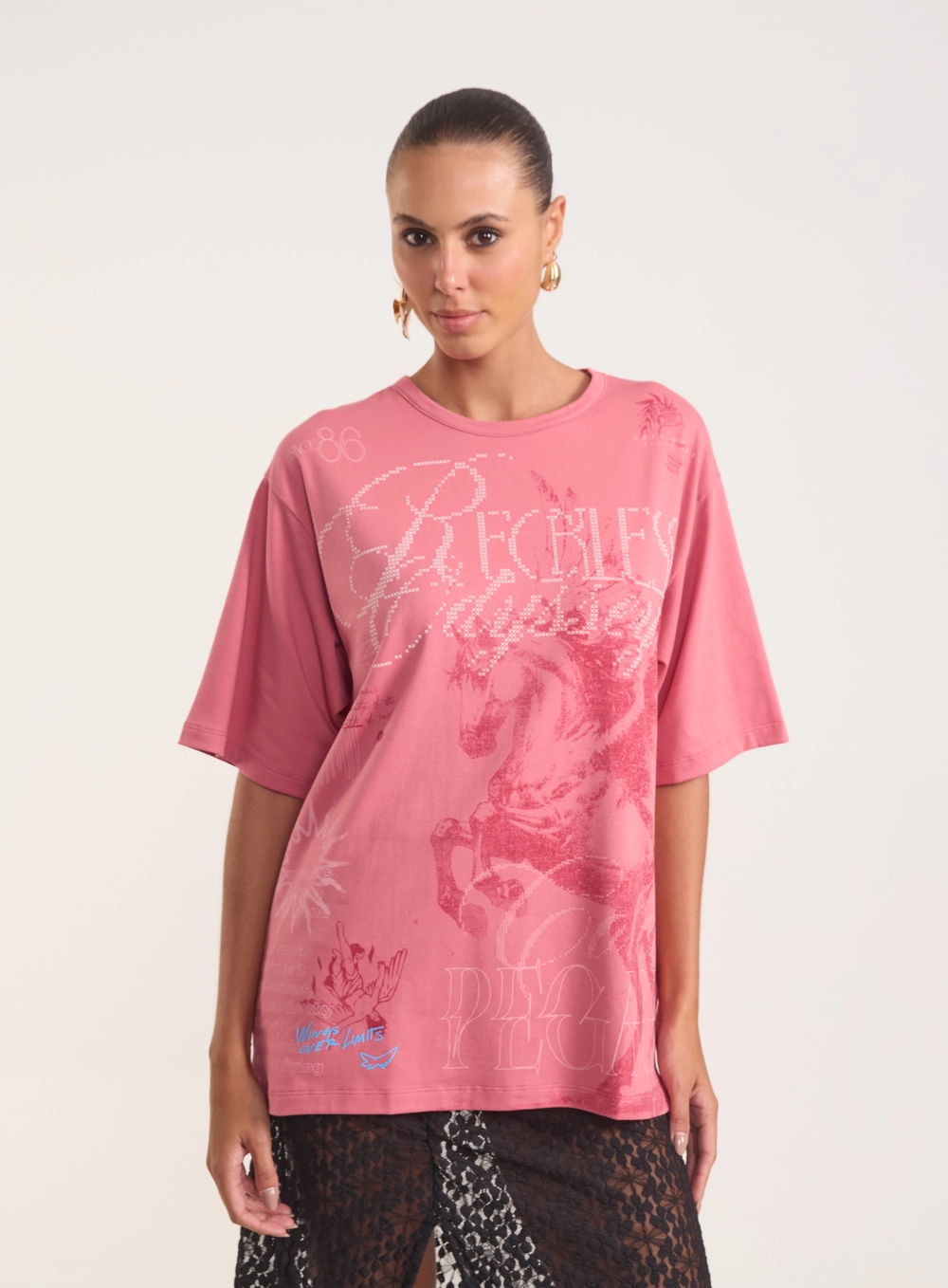 Camiseta Oversized Com Estampa Pegasus Rosa