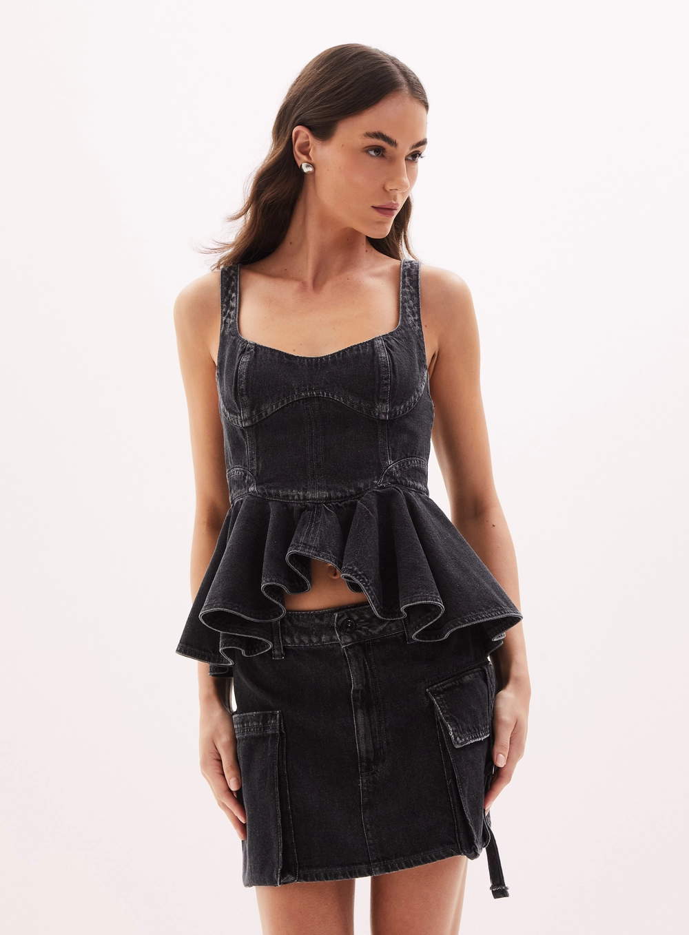Blusa Feminina Jeans Peplum Corset Indigo Preto 4