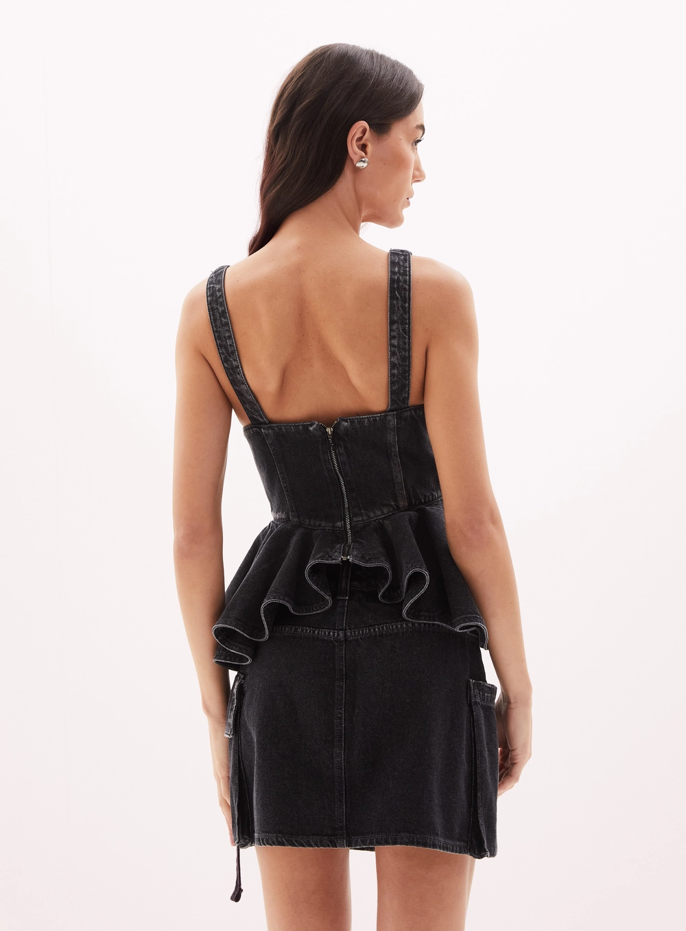 Blusa Feminina Jeans Peplum Corset Indigo Preto 2