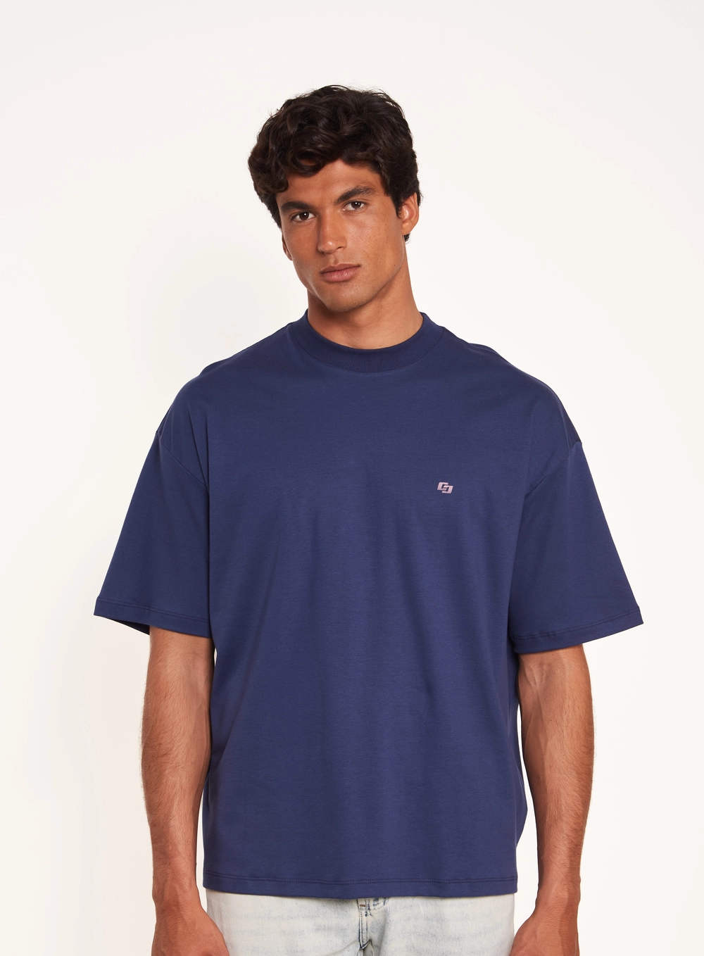 Camiseta Oversized Com Gola Em Ribana Azul