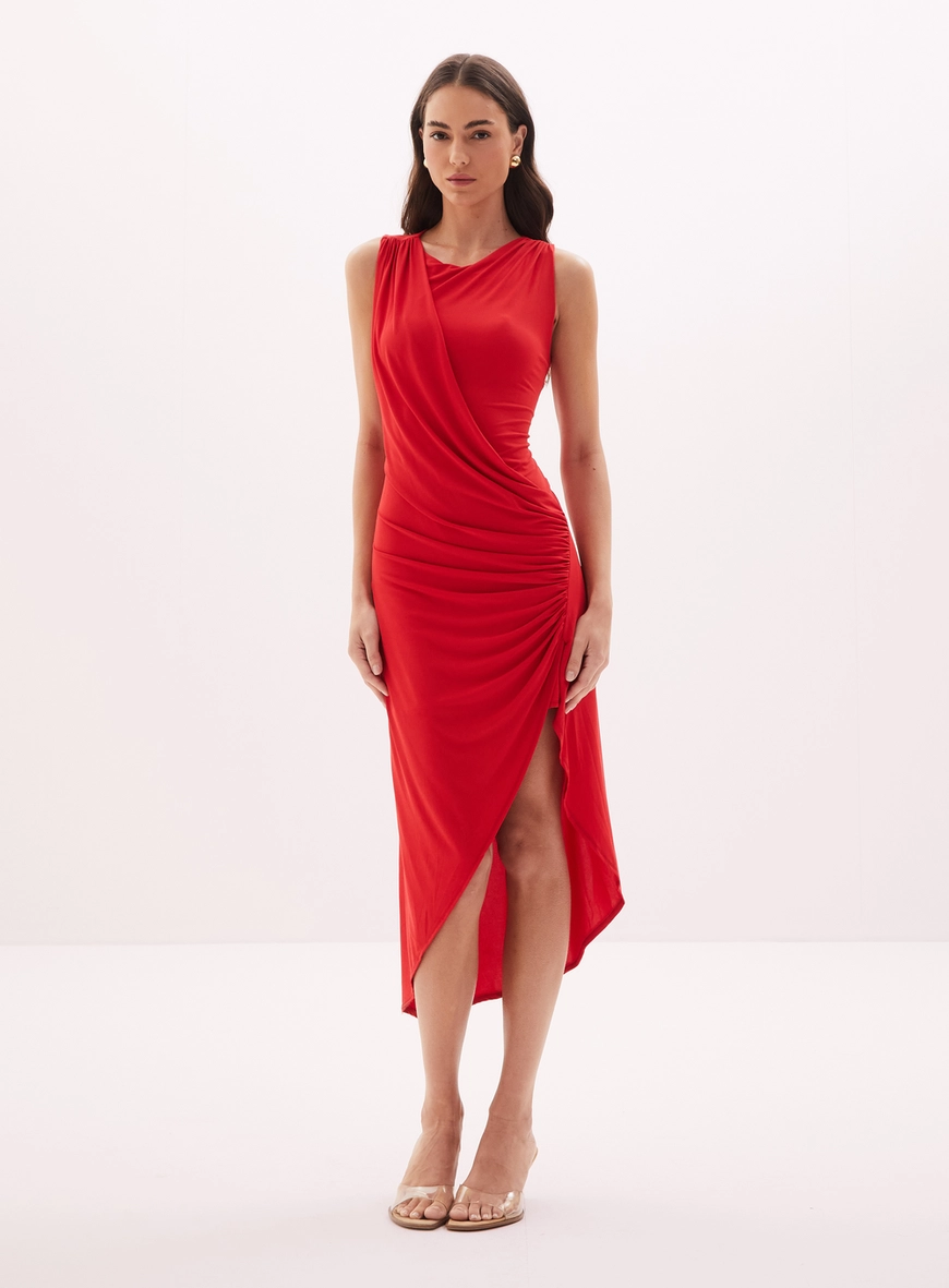 Vestido Feminino Midi Drapeado Assimétrico Vermelho 2