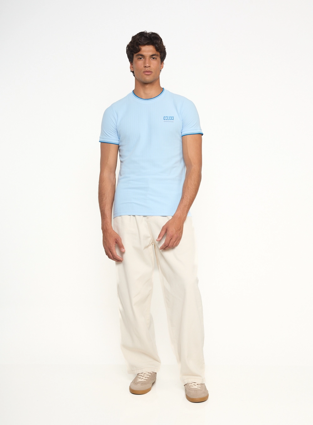 Camiseta Ajustada Com Textura Canelada E Detalhes Azul