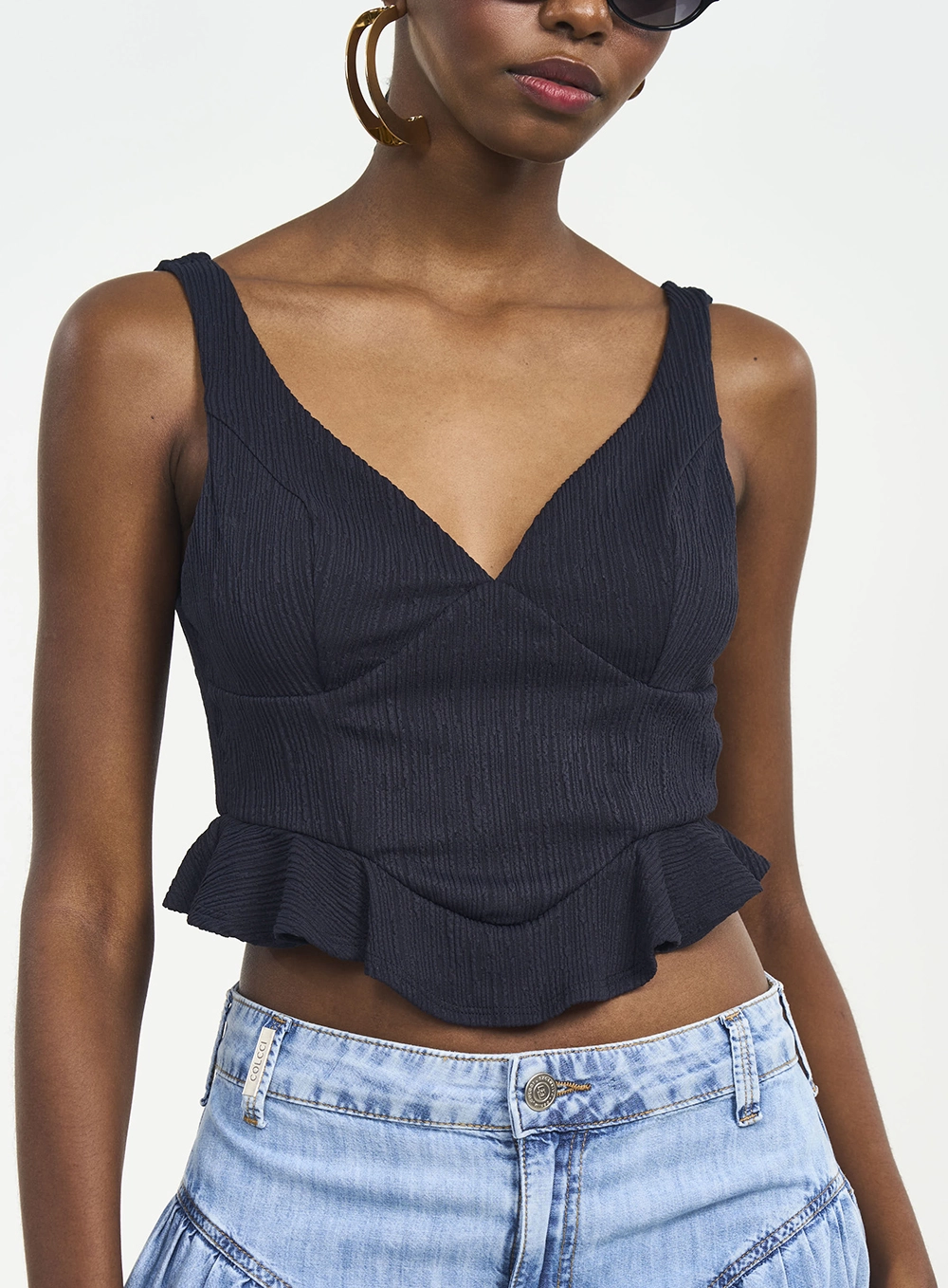 Blusa Slim Decote V Jacquard Preto