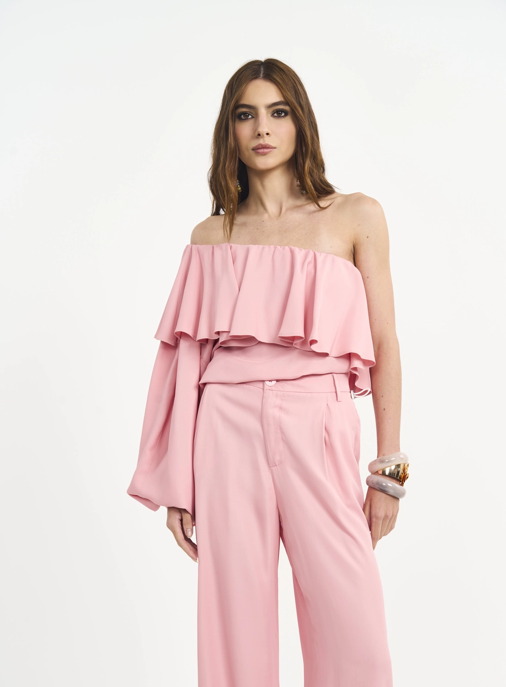 Blusa Um Ombro Só Com Babados E Manga Longa Rosa