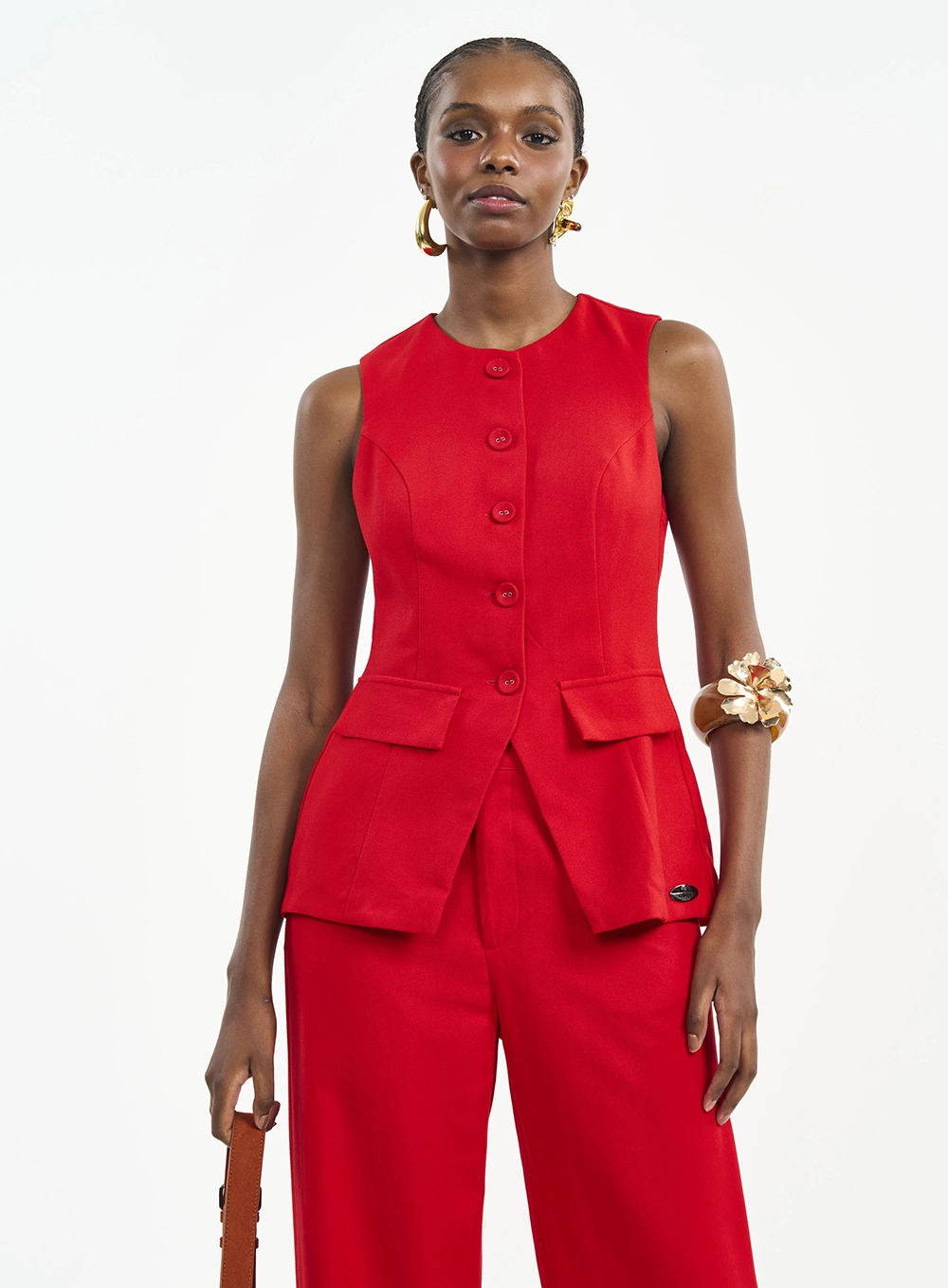 Blusa Acinturada Com Botões E Peplum Vermelho