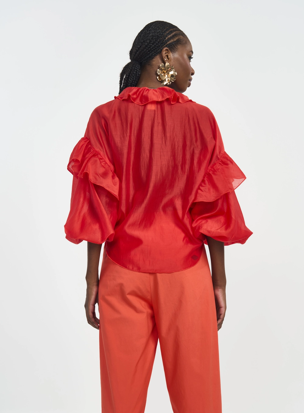 Blusa Feminina Com Babados E Amarração Laranja