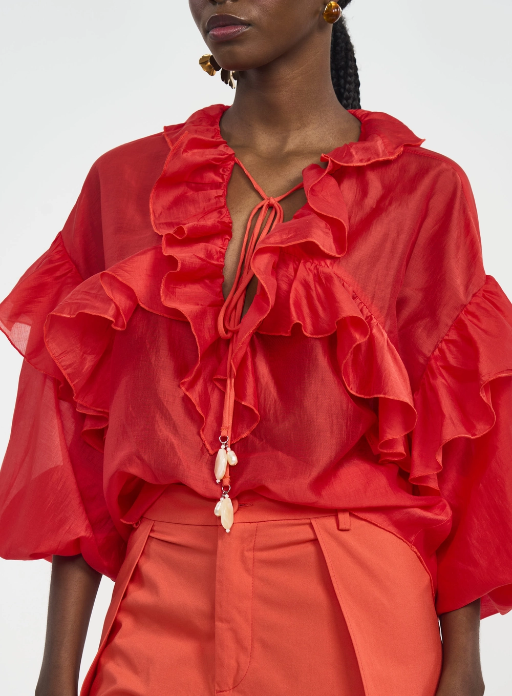 Blusa Feminina Com Babados E Amarração Laranja