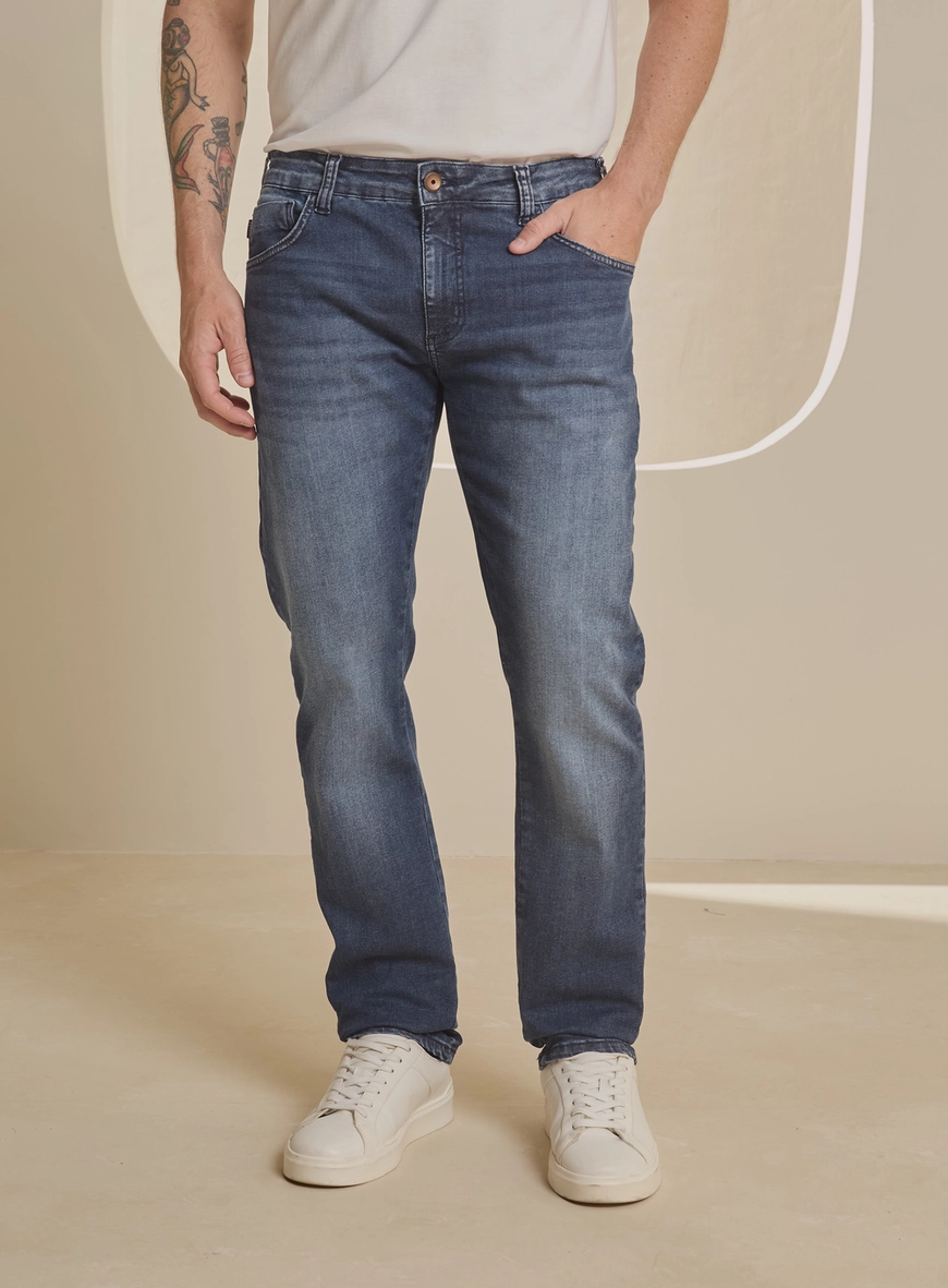 Calça Jeans Masculina Média Estonada - Paul Slim Índigo