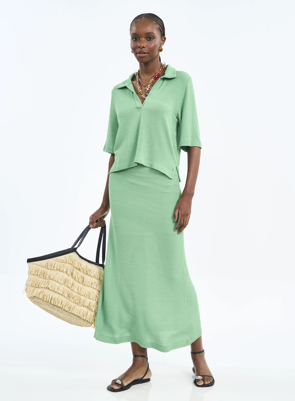 Blusa Com Gola Polo E Malha Canelada Verde Veggir