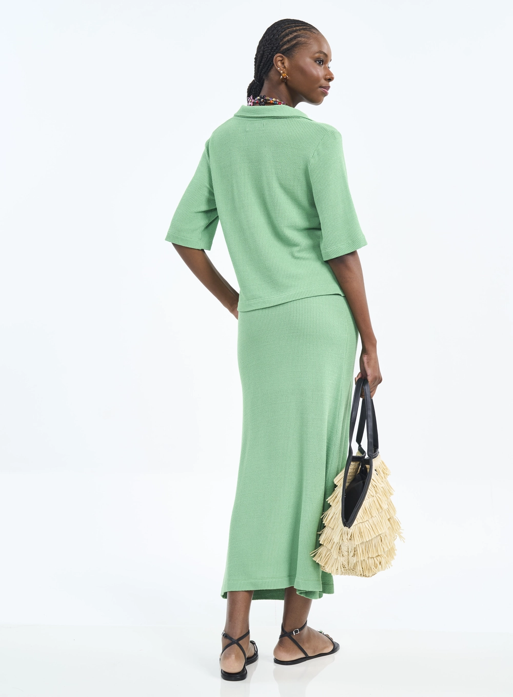 Blusa Com Gola Polo E Malha Canelada Verde Veggir
