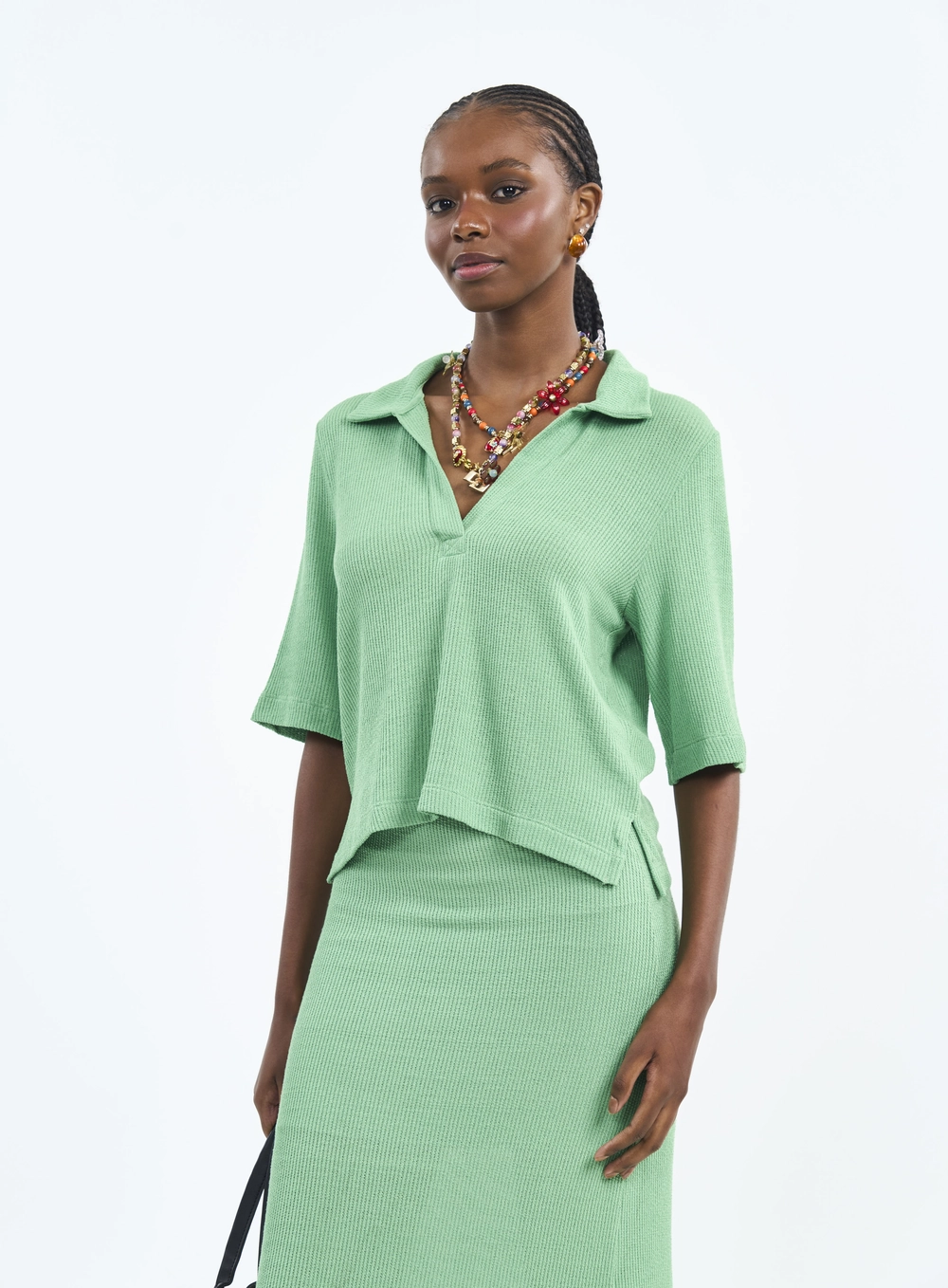 Blusa Com Gola Polo E Malha Canelada Verde Veggir