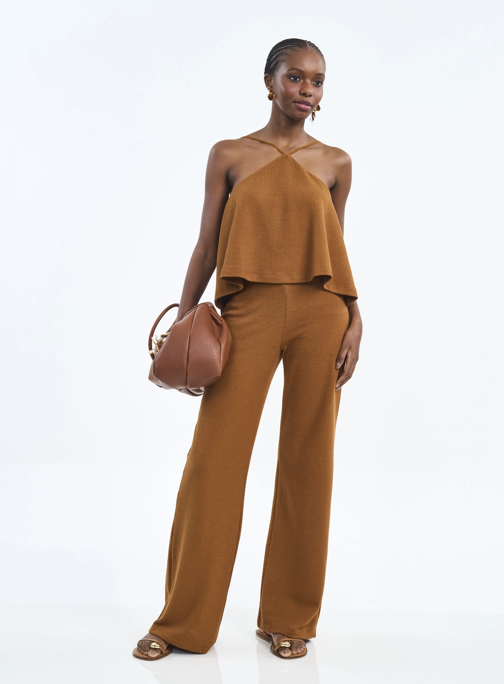 Blusa Frente Única Com Textura E Sobreposição Marrom