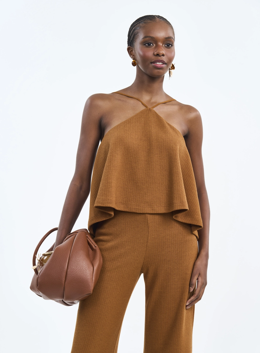 Blusa Frente Única Com Textura E Sobreposição Marrom