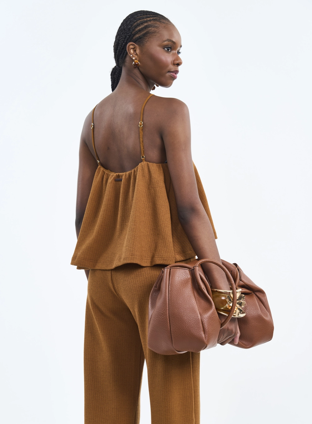 Blusa Frente Única Com Textura E Sobreposição Marrom