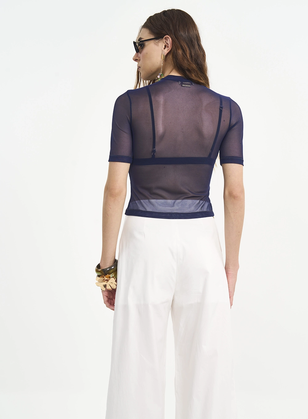 Blusa Com Transparência E Gola Alta Azul