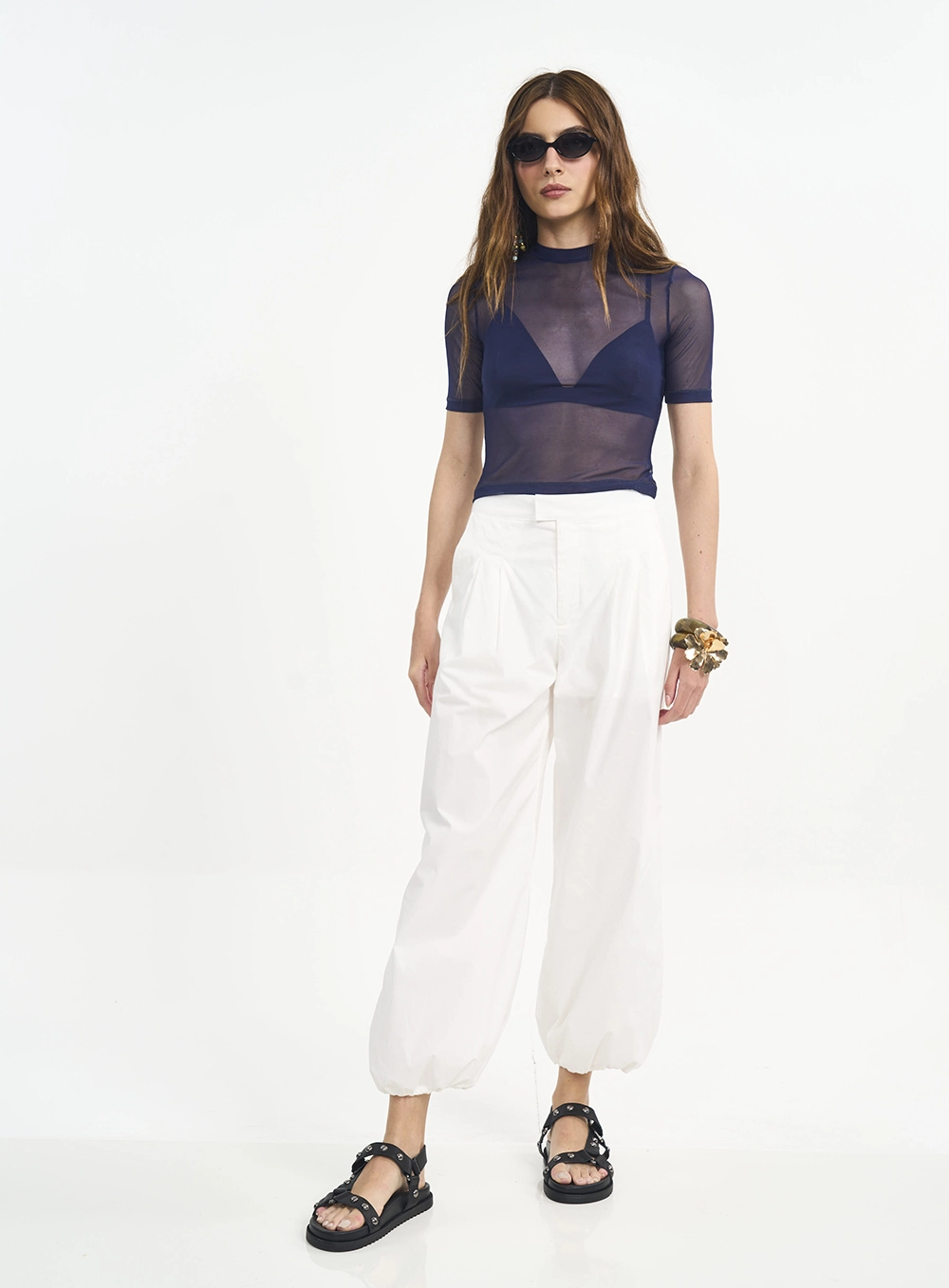 Blusa Com Transparência E Gola Alta Azul