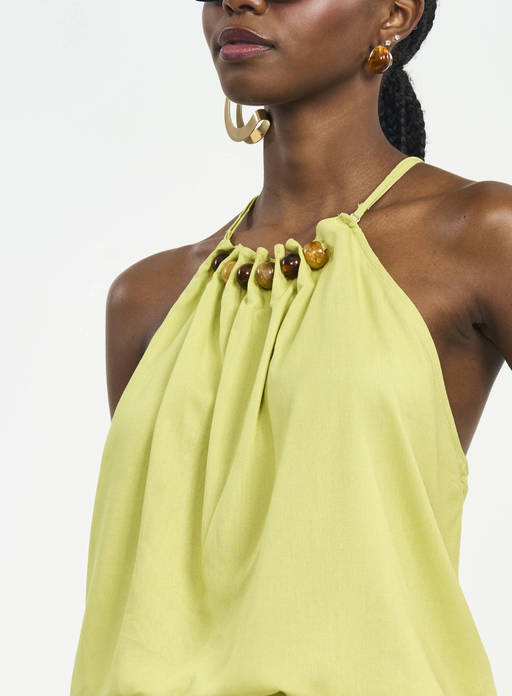 Blusa Frente Única Com Contas E Franzidos Verde