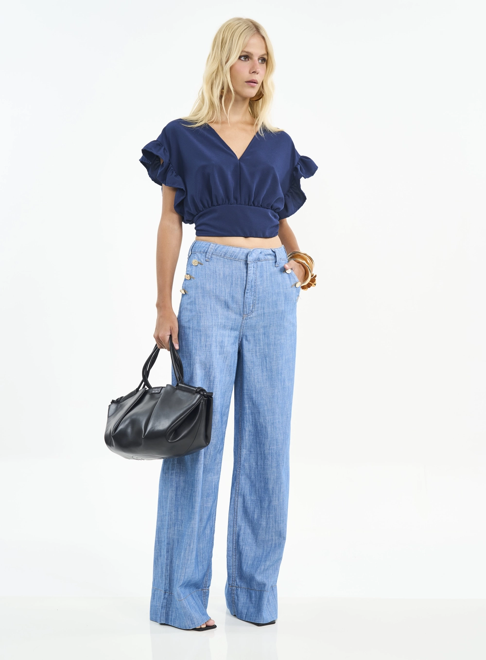 Blusa Cropped Com Decote V E Babados Azul