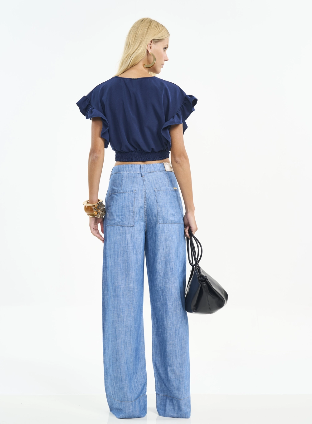 Blusa Cropped Com Decote V E Babados Azul