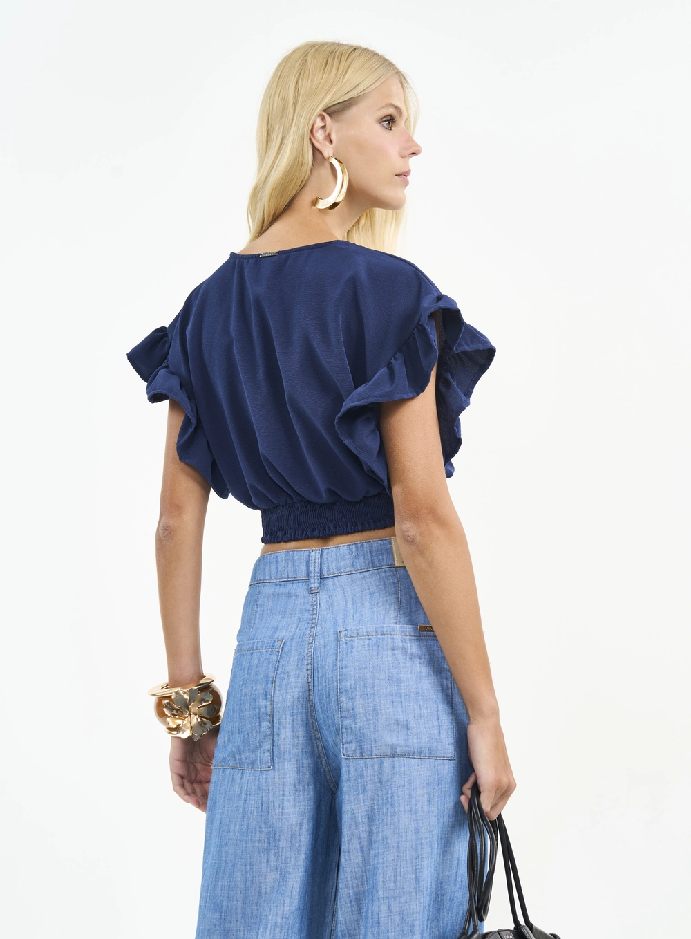 Blusa Cropped Com Decote V E Babados Azul