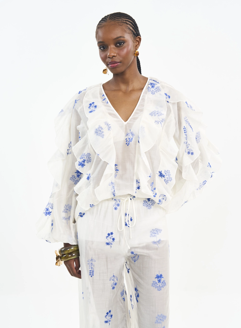 Blusa Com Bordado E Babados Estampados