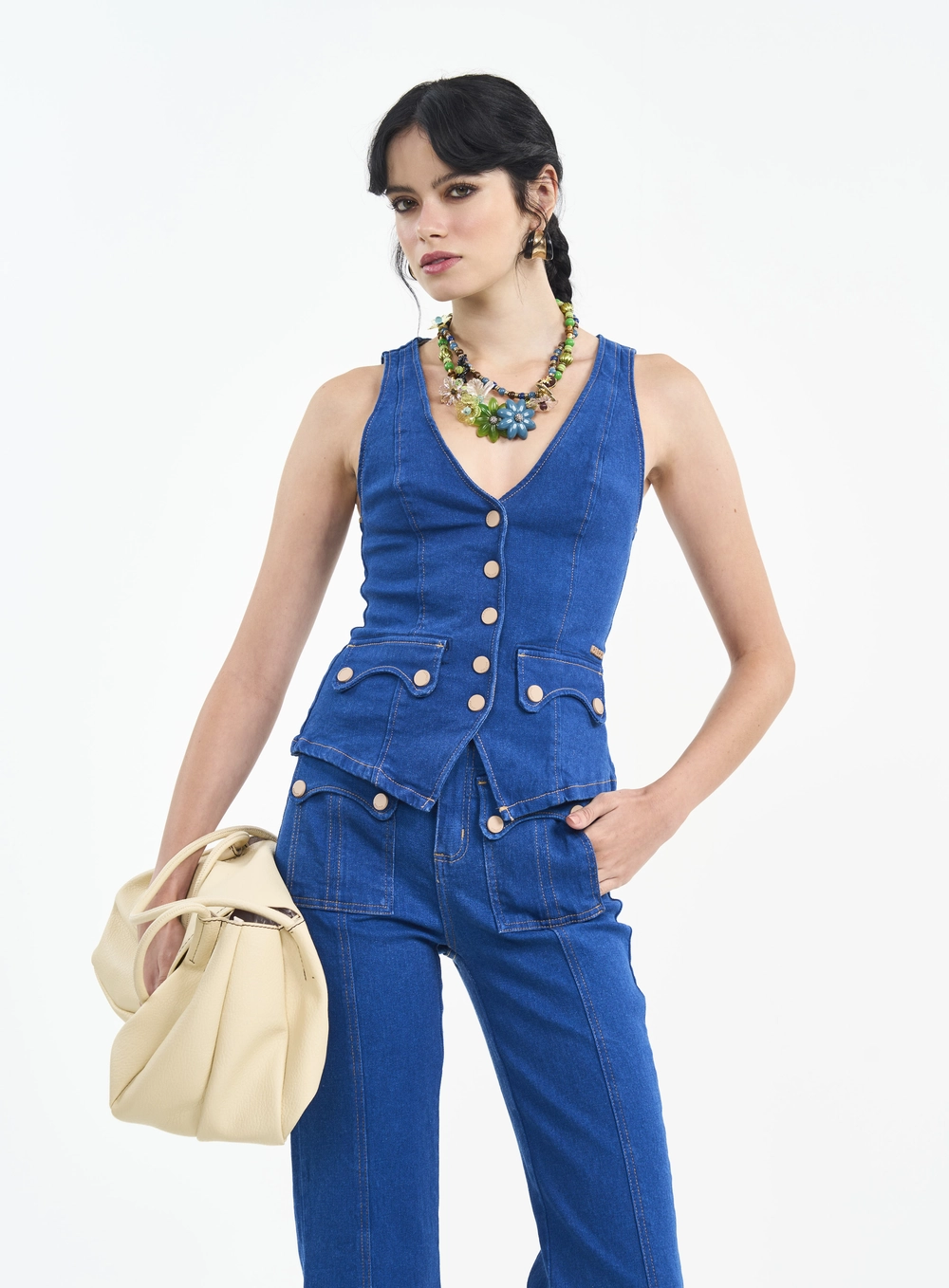 Blusa Jeans Com Botões E Lapelas Índigo